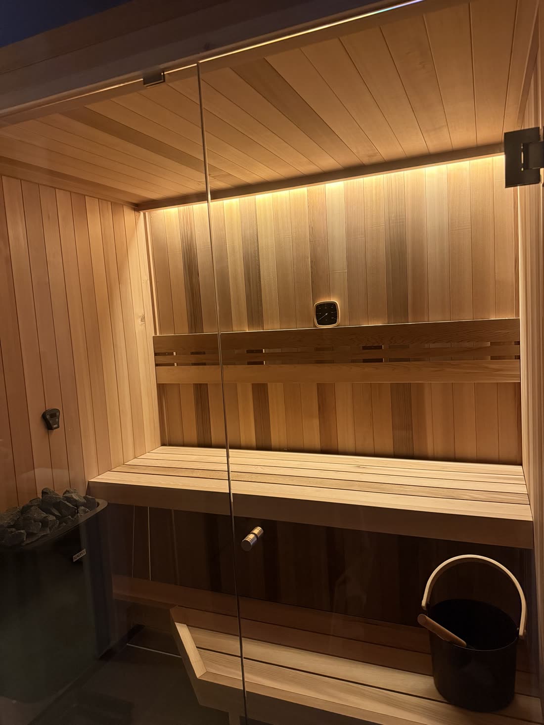 Home sauna in Marden, Adelaide — Narvi heater connected on its own circuit, wall-mounted control panel and LED strip lighting installed by Amped Up Electrical Adelaide