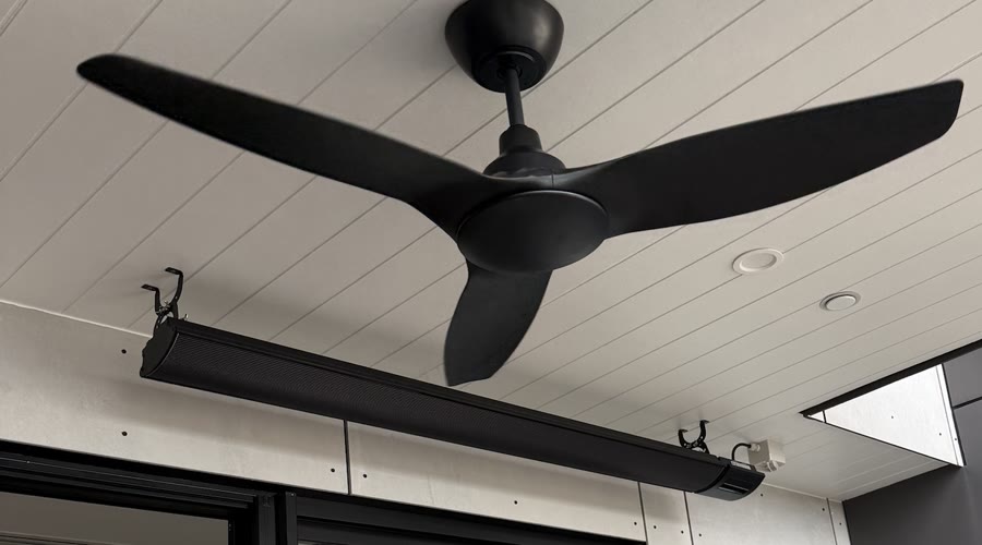 Outdoor strip heater and fan installed on an Adelaide alfresco