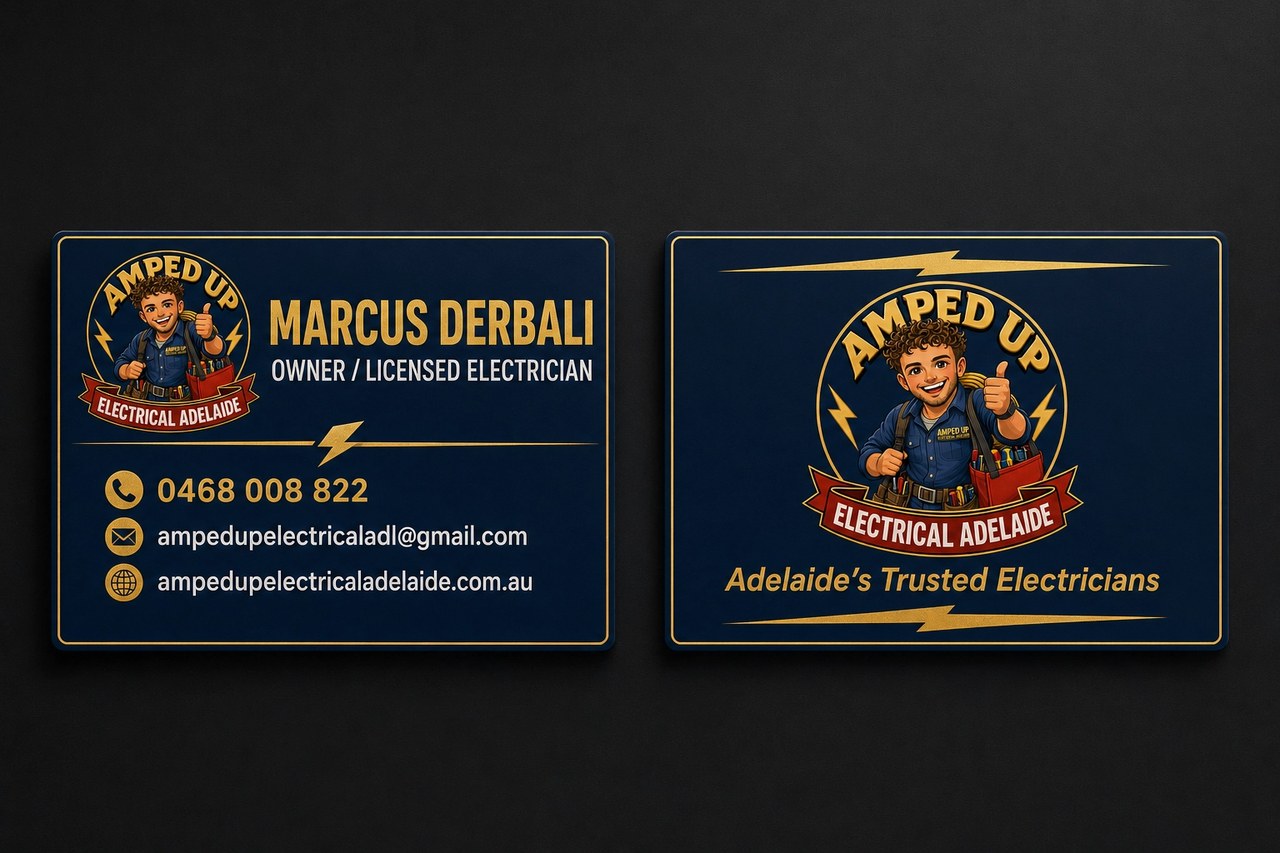 Amped Up Electrical Adelaide business card — Marcus Derbali, Owner / Licensed Electrician, 0468 008 822