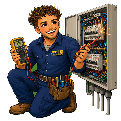 Amped Up Electrical mascot at a modern switchboard