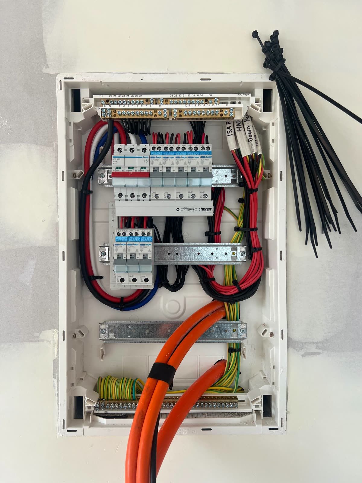Finished Hager switchboard with the cover open, every circuit on its own safety switch